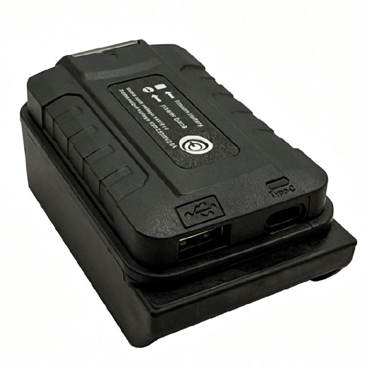 Battery Adapter with Slide-On Battery Dock, 21V Input to 5V Output, LED Work Light, and Button Control for Home and Field Work Use