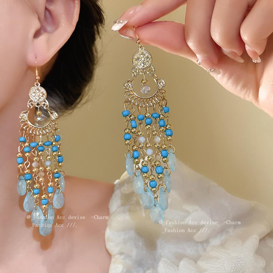 Acrylic rice beads, water drop ear hooks, bohemian holiday style earrings, new ethnic style fashion earrings, women's