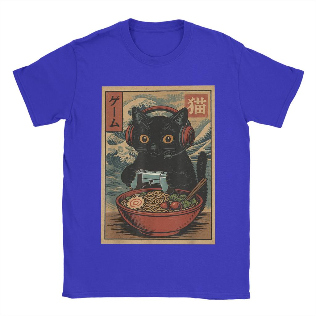 Niesamowite japońskie koszulki z kotem ramen dla mężczyzn z okrągłym dekoltem 100% bawełniane koszulki Kawaii kot z makaronem koszulki z krótkim rękawem oryginalne topy