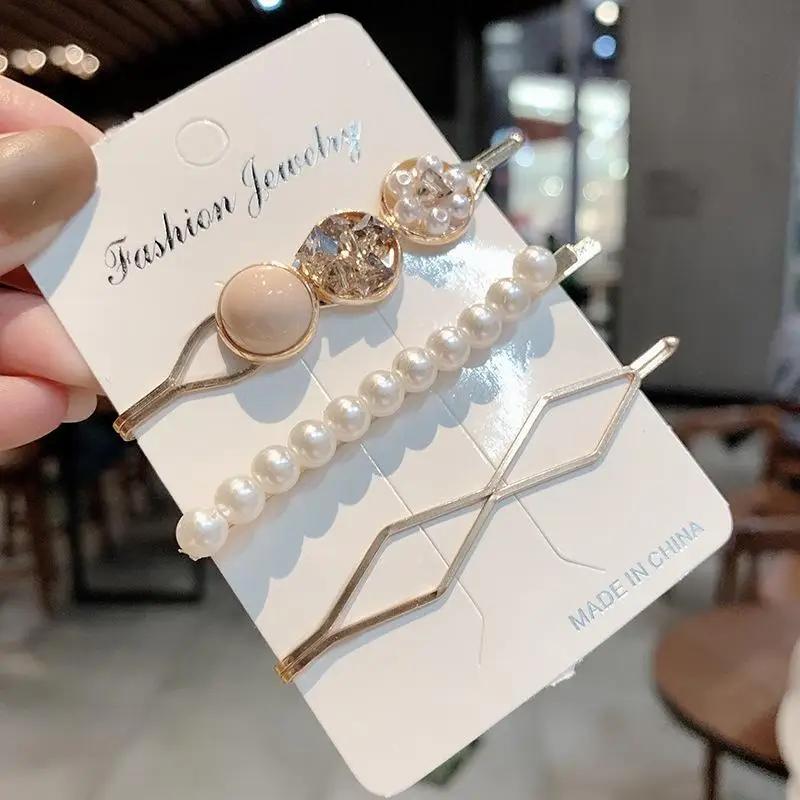 Korean Version of A Word Clip Set of Pearl Gravel Hair Clip Temperament Edge Clip Sweet Girl Heart Hair Ornament Female