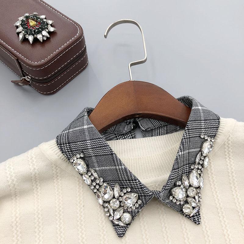 Retro Rhinestone False Collar Neckline Women Lapel Fake Collar Woman Embroidery Removable Detachable Tie Clothing Accessories