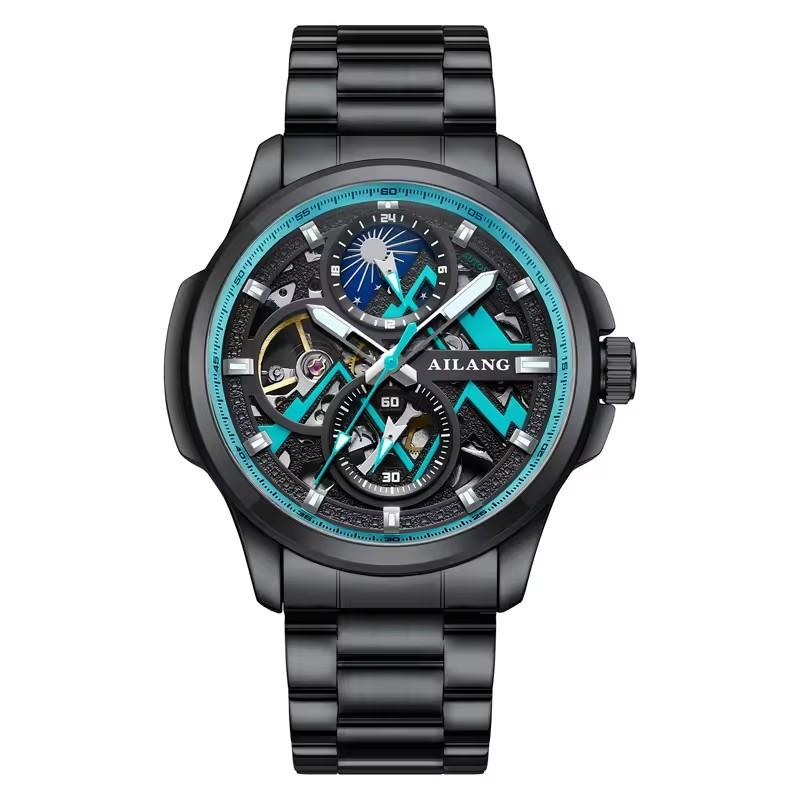 AILANG Multifunctional MenMechanical Watch Hollow Tourbillon Automatic Wristwatch Waterproof Luminous Bracelet Moon Phase Dial