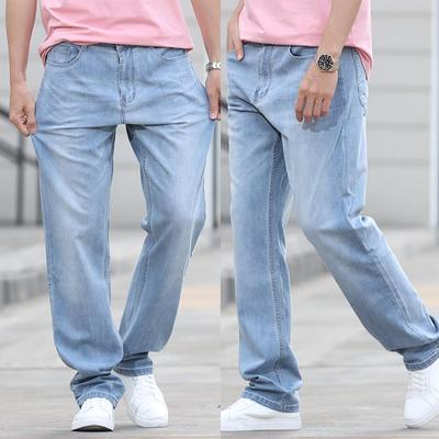 Men's Thin Loose Jeans Classic Straight  Blue Business Casual Elasticity Cotton Denim Trousers Plus Size 40
