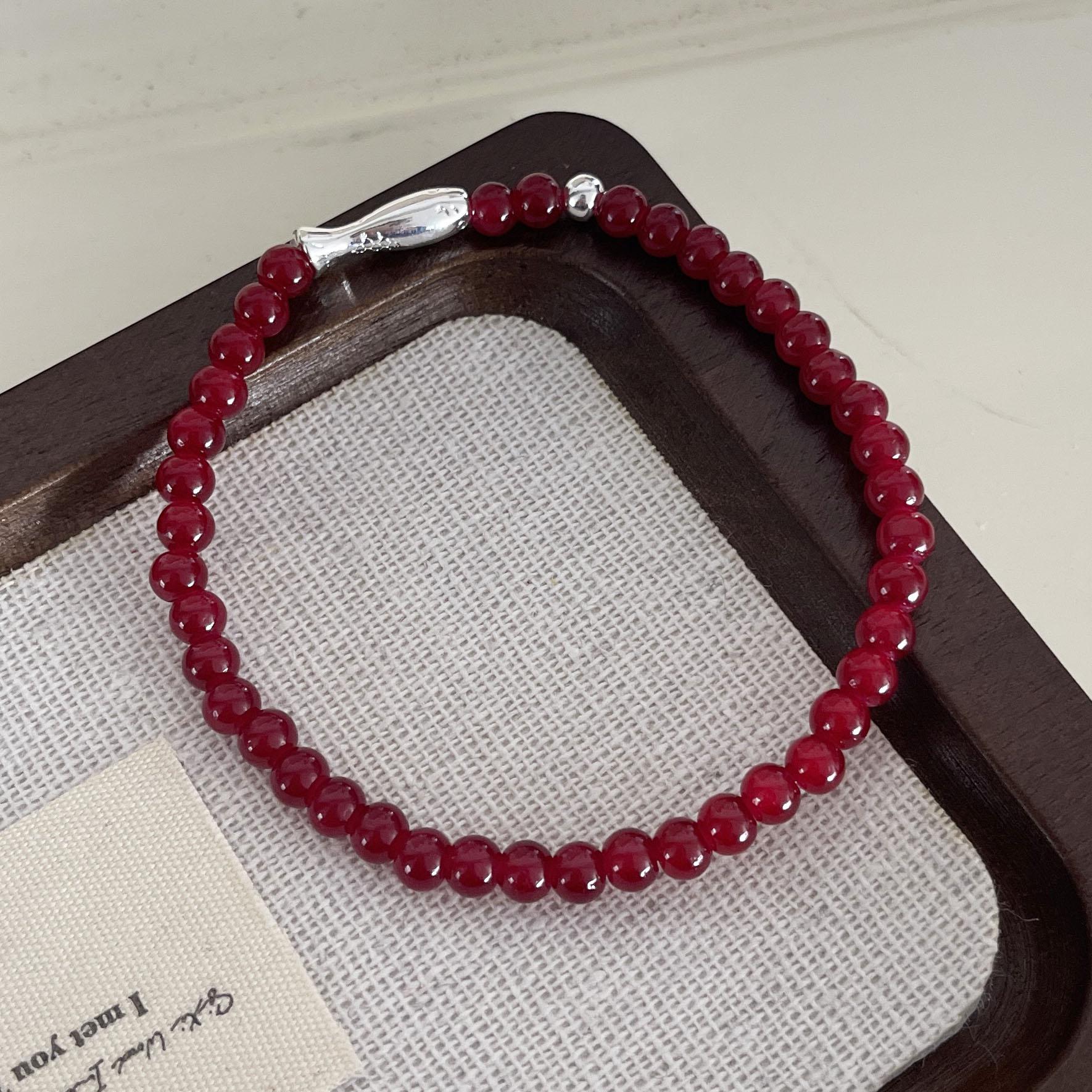 

100% Solid 925 Sterling Silver Retro Bracelet for Women Men Vintage Handmade Sparckling Red Beads Simple Bracelet Birthday Gift