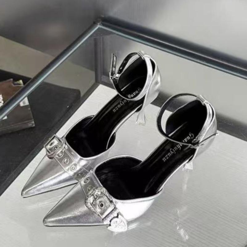 Stiletto Sandals Spring New Sharp Head Shallow Mouth Rivets Metal Buckle A Word Buckle Anti-slip Wear-resistant High Heels