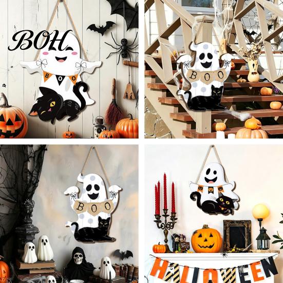 Easy Clean Festive Door Hanger Cute White Ghost Wooden Sign with Black Cat BOO Boho Halloween Room Decoration Banner, Waterproof Front Plaque