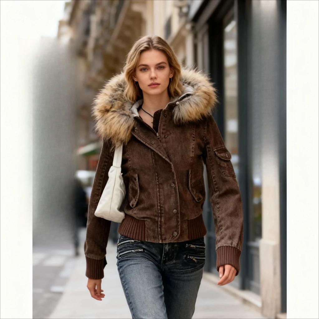Giacca da donna con colletto in pelliccia, cappotto con cappuccio, orlo elasticizzato, manica lunga, tasca, monopetto, giacca da donna, cappotto casual autunnale per signore