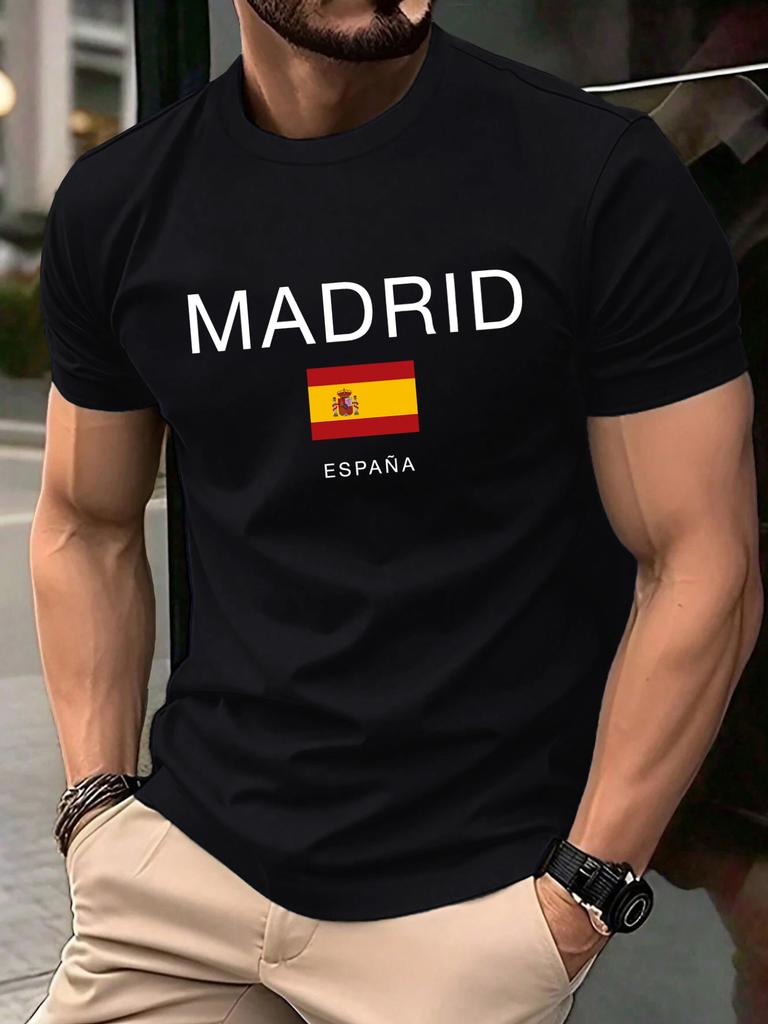 Madrid Spain Flag Design Mens TShirt Soft Loose ONeck T Shirts AllMatch Cotton Streetwear Unisex Summer Casual Short Sleeve