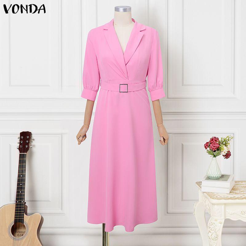 VONDA S-5XL Women V Neck 3/4 Sleeve Slim Waist Elegnat Casual Maxi Dress