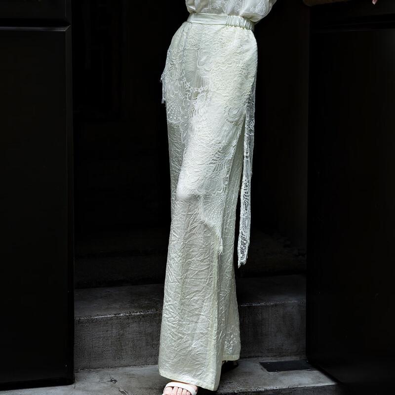 Lanseer Elegant Acetate Lace Trim Wide Leg Pants