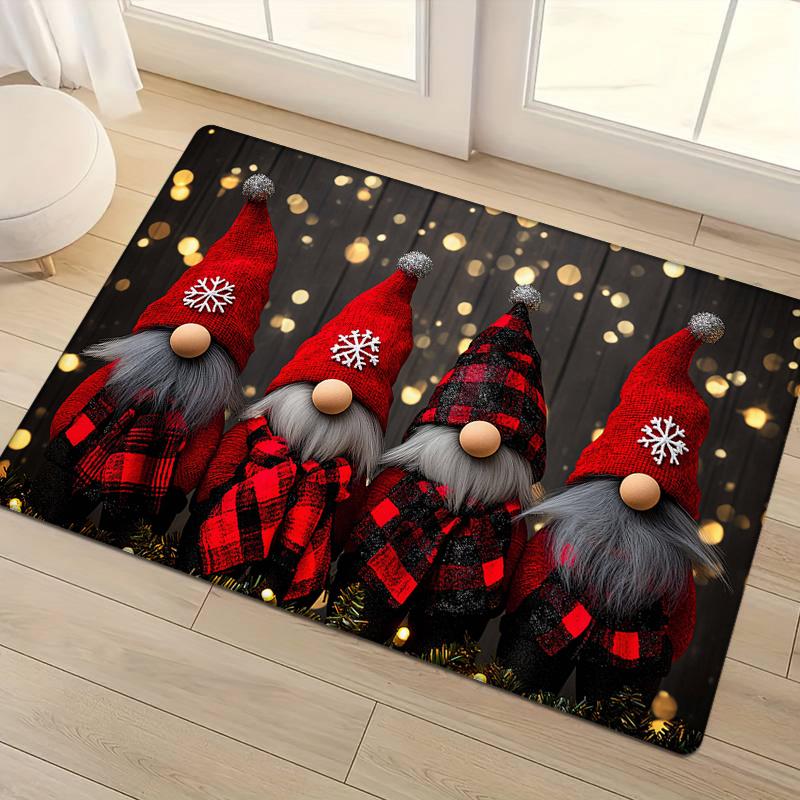 Festive Gnome Door Mat Carpet, Snowflake Golden Bokeh Design Non-Slip Absorbent for Kitchen Living Room Bathroom Decor