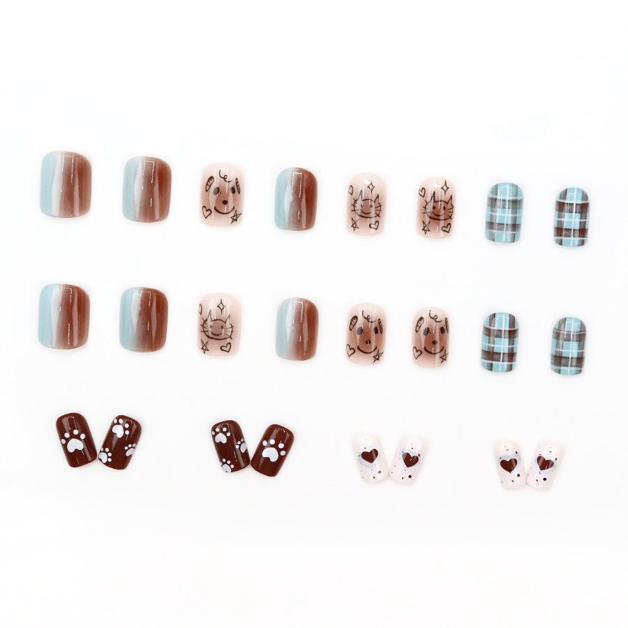 Cartoon Cat & Puppy Gradient Plaid Square False Nail Tips – 24 Detachable Pieces