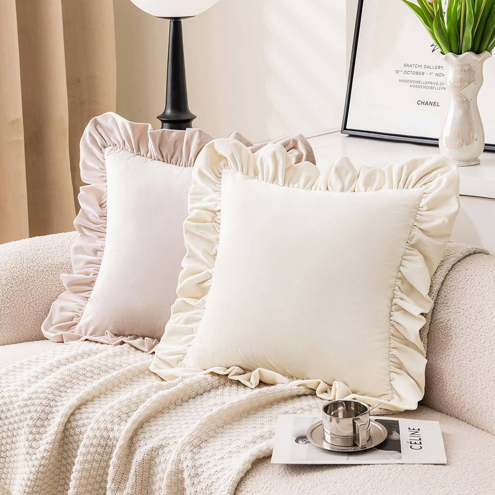 Girls Ins Style Pillow Case Velvet Ruffled Pillow Living Room Sofa Cushion Spring Simple Decoration Pillow