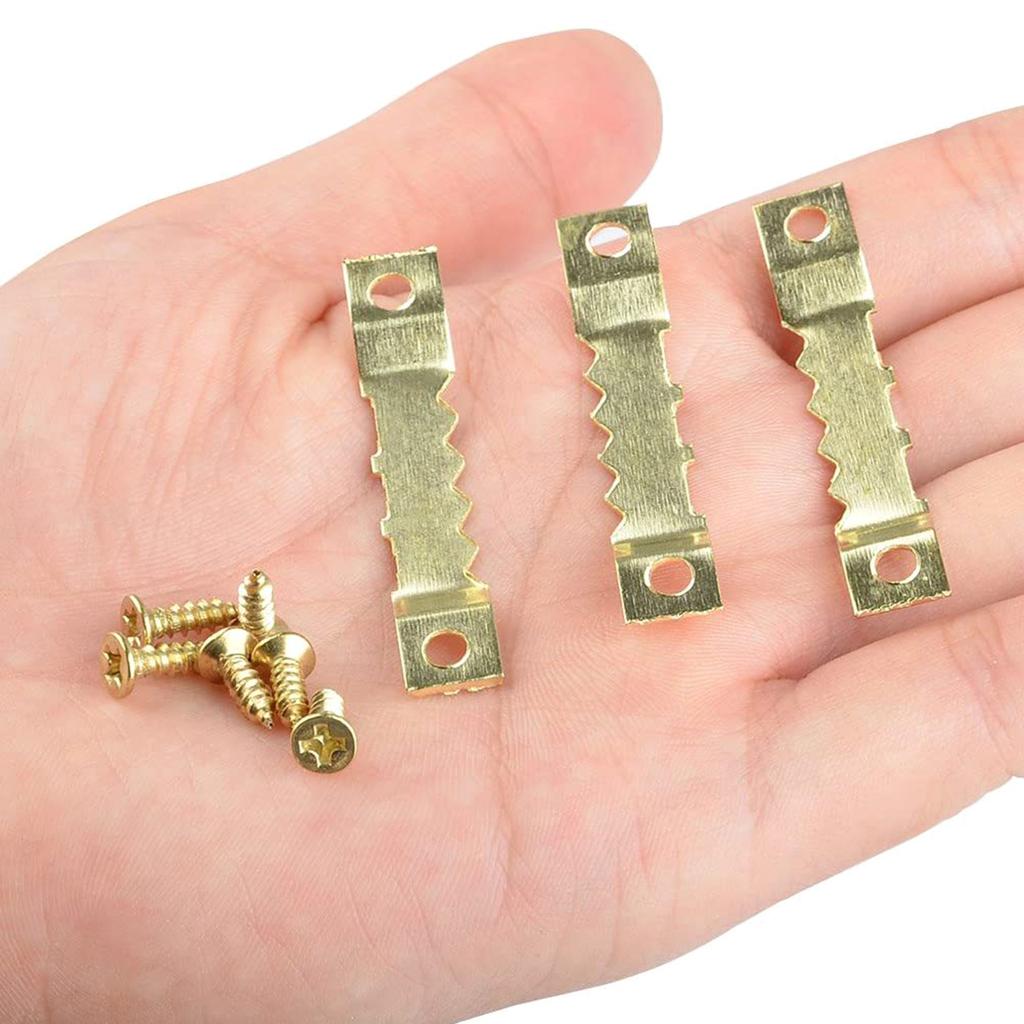 Packung mit 100 Zackenaufhängern für Bilder, Großpackung 100 Stück goldene Zackenaufhänger mit 200 Schrauben für Bilderrahmen, Gemälde