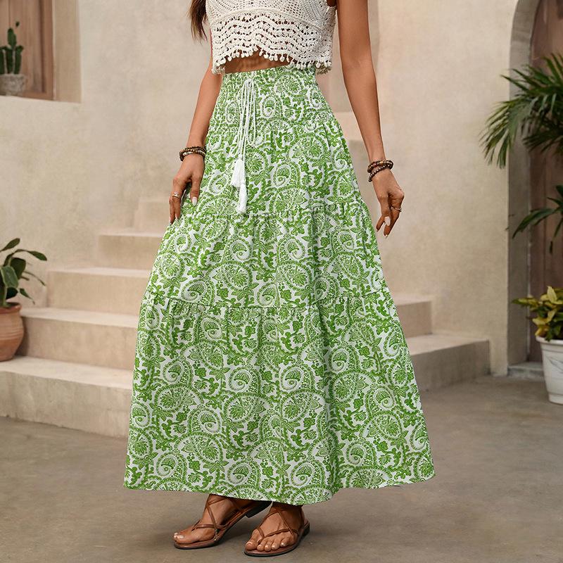 2026 Summer Boho Paisley Print Long Skirt with Elastic Waist and Tassel Drawstring