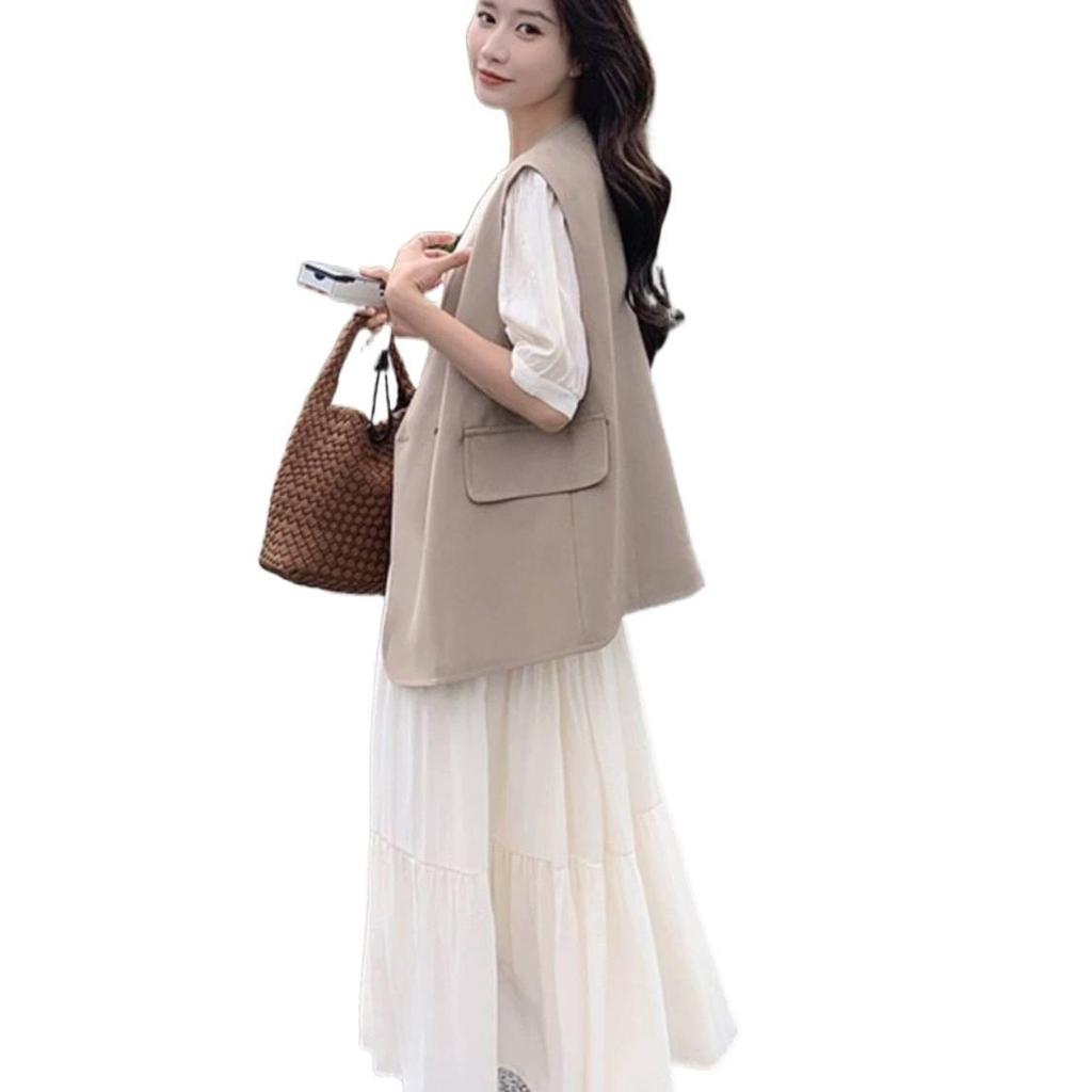Elegant Summer 2026 White Pleated Retro Vest & Dress Set for Women
