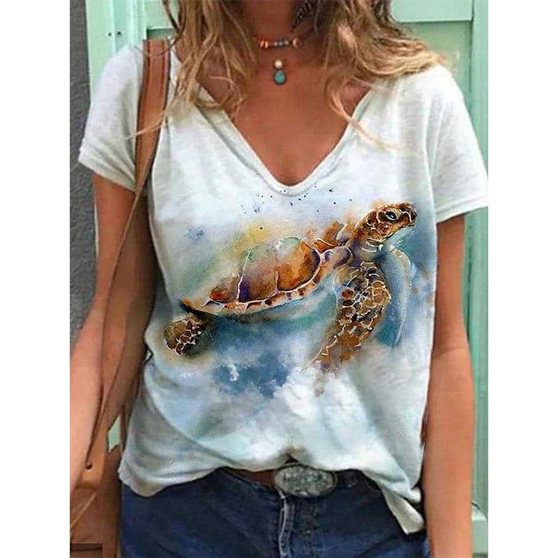 Summer Sea Turtle 3D Print T Shirt Women V-Neck Short Sleeve T-shirts Y2k Tops Harajuku Streetwear Oversized Tee Woman Clothing