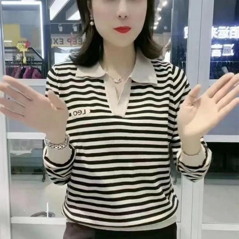 

Новая полосатая футболка с длинным рукавом для женщин, модные топы с лацканами, приталенная и омолаживающая базовая рубашка на весну и осень 4XL абрикосовый
