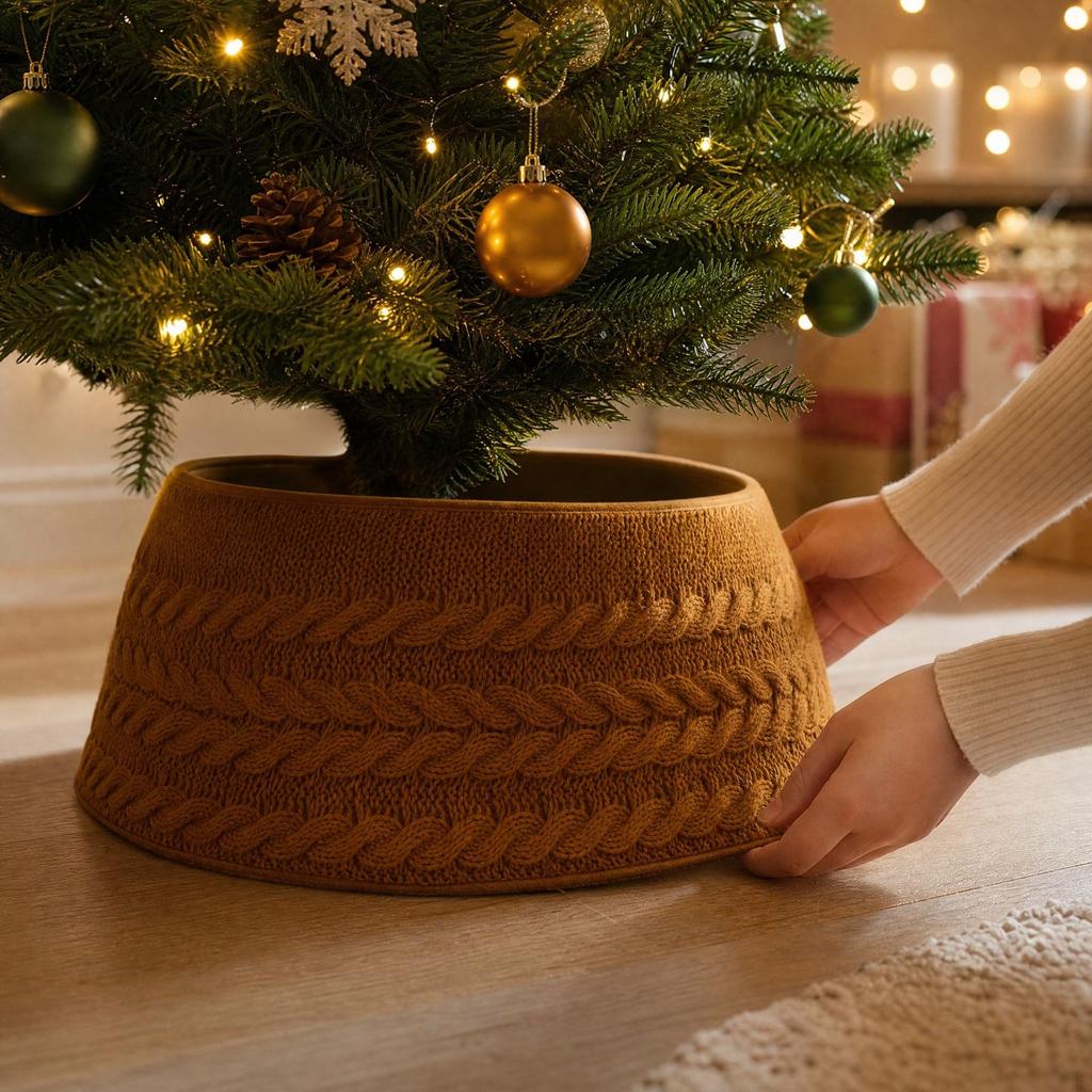 Knitted Christmas Tree Skirt, Quilted Tree Base Cover for Holiday Decor