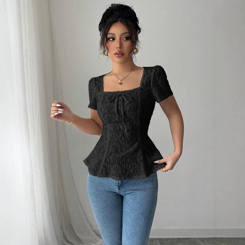 Women's Boho Tie Front Peplum Blouses Eyelet Embroidery Square Neck Short Sleeve Going Out Tops for Women UK