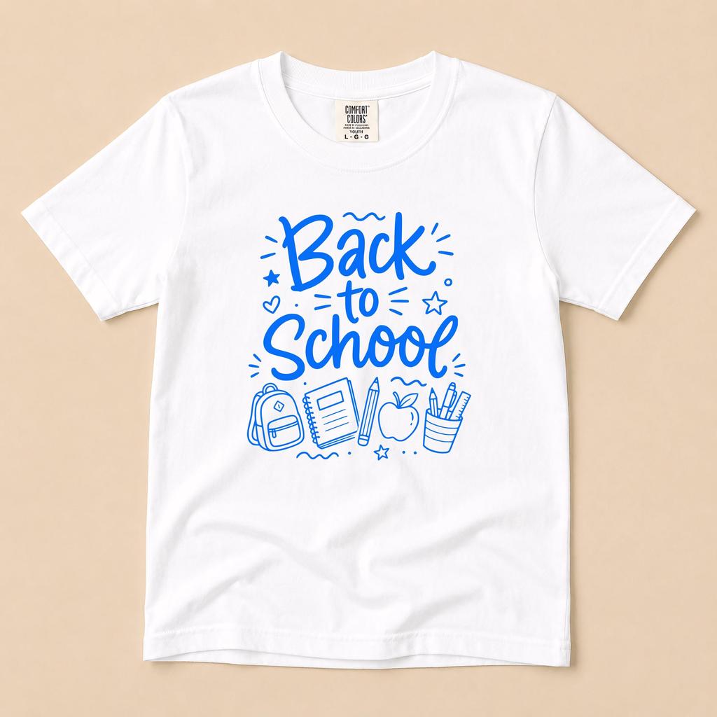 Back To School Doodles Youth Tee, School Supplies Graphic Shirt, Comfort Colors, Backpack Books Pencil Kids Tee, First Day Student Gift