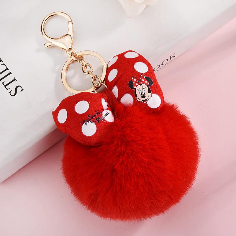 Minnie Plush Keychains Cartoon Polka Dot Bow Pom-Pom Key Ring Pendant Car Bag Ornament Girl Child Gift Toy
