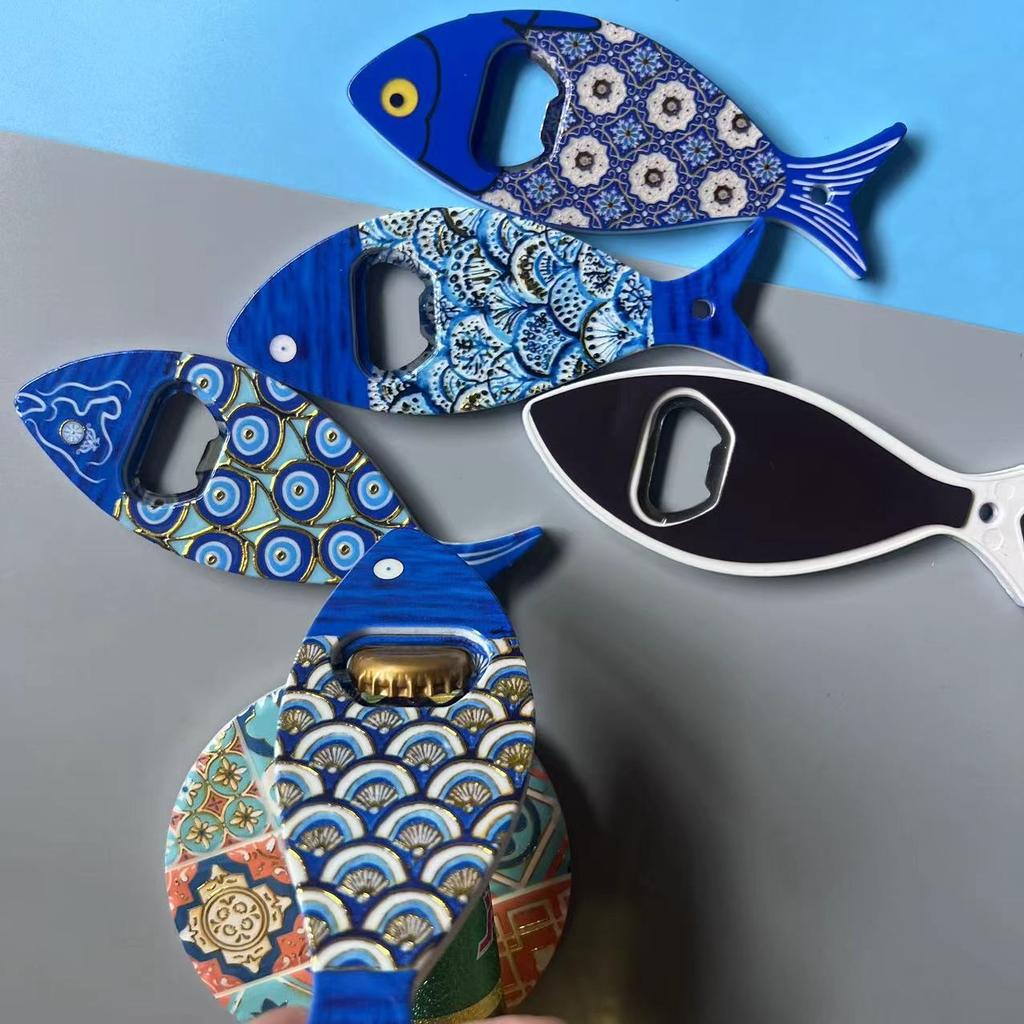 Blue Fish Bottle Opener Fridge Magnet with Blue Eye Foil Embossed Texture Dual Purpose Beer Top Opener Travel Gift For Friend