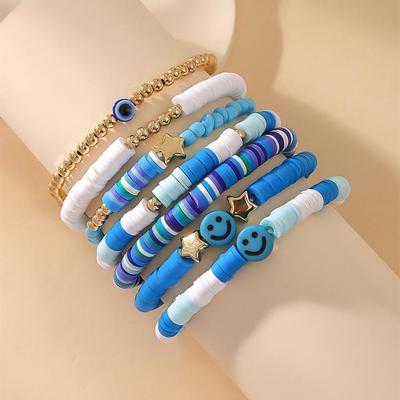 7-teiliges Kombi Neuestes Stilvolles Strand Surfer Armband Set | Mehrlagige Boho Happy Smile Herz Stern Stretch Perlenarmbänder