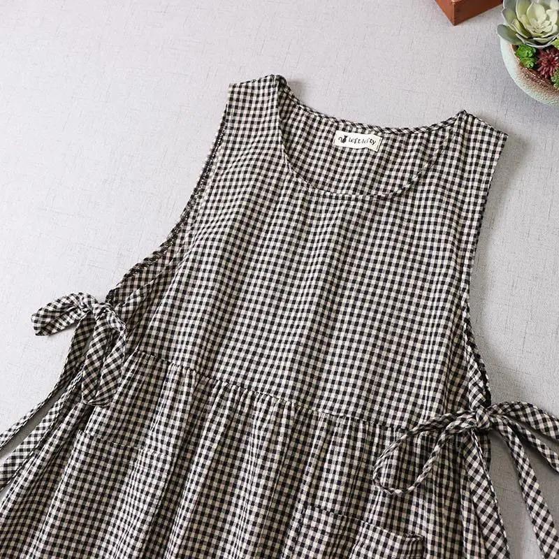 Summer Women Fashion Plaid Sleeveless Long Dress O Neck Casual Dresses Ladies Loose Pockets A Line Vestidos