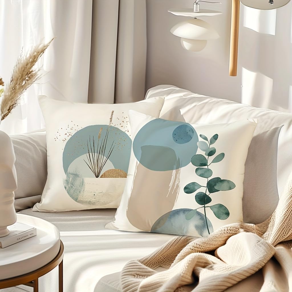 4 Pcs Double Sided Boho Abstract Cushion Covers, Blue Beige Botanical Geometric Throw Pillow Cases (No Inserts)