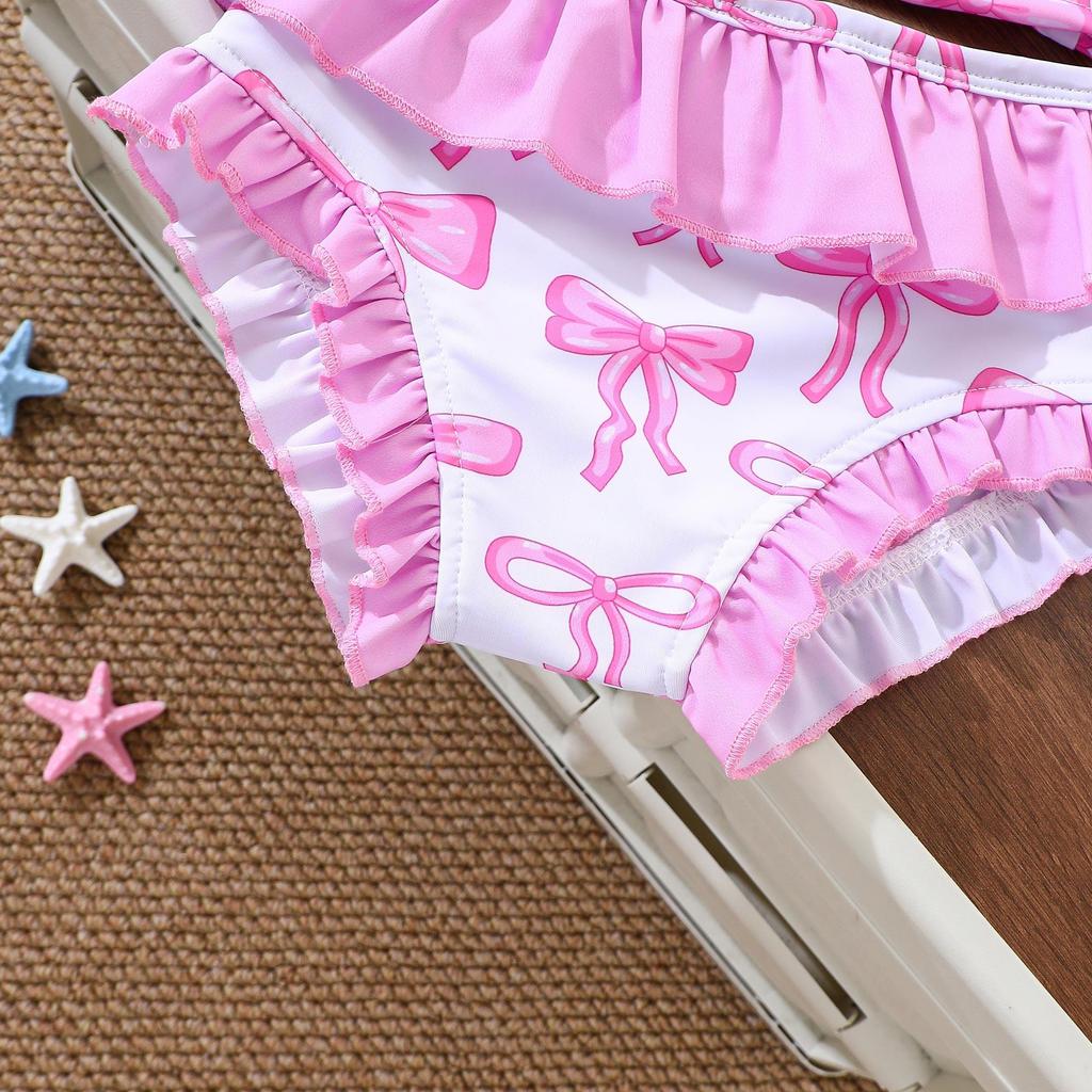2Pcs Girls Bow Print Ruffle Bikini Set Kids Swimwear Swimsuit