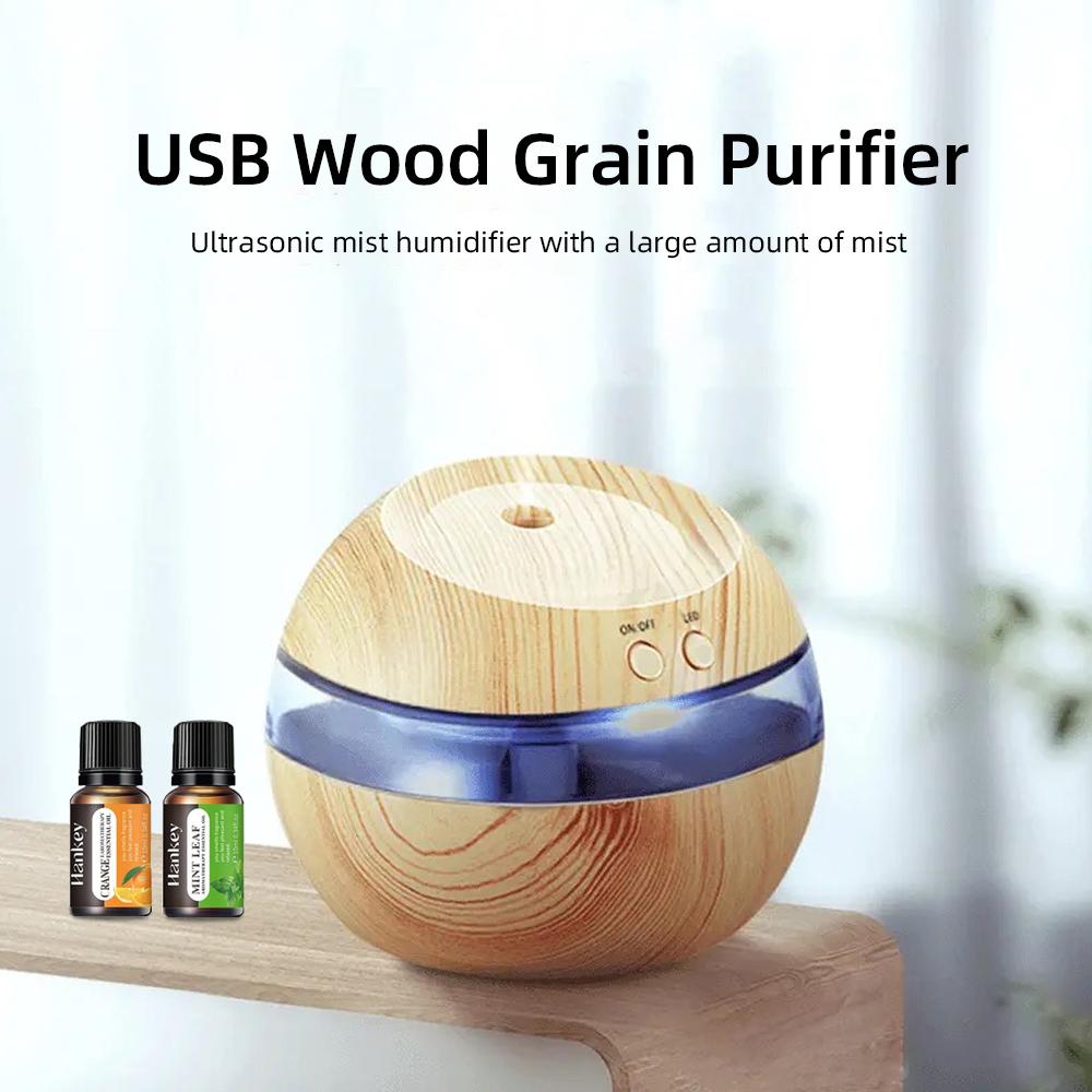 300ml Wood Grain USB Diffuser with Essential Oils, Night Light, Touch Control