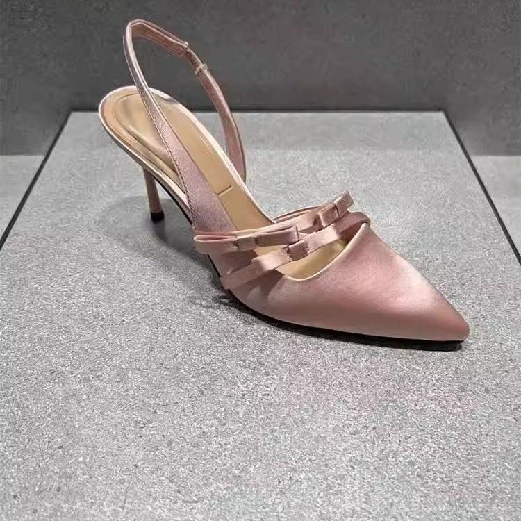 

Baotou Sandals Women s 2025 Spring and Summer New Satin High Heel Design Sense Thin Heel Bow Fairy Wind Empty Single Shoes 40 рожевий