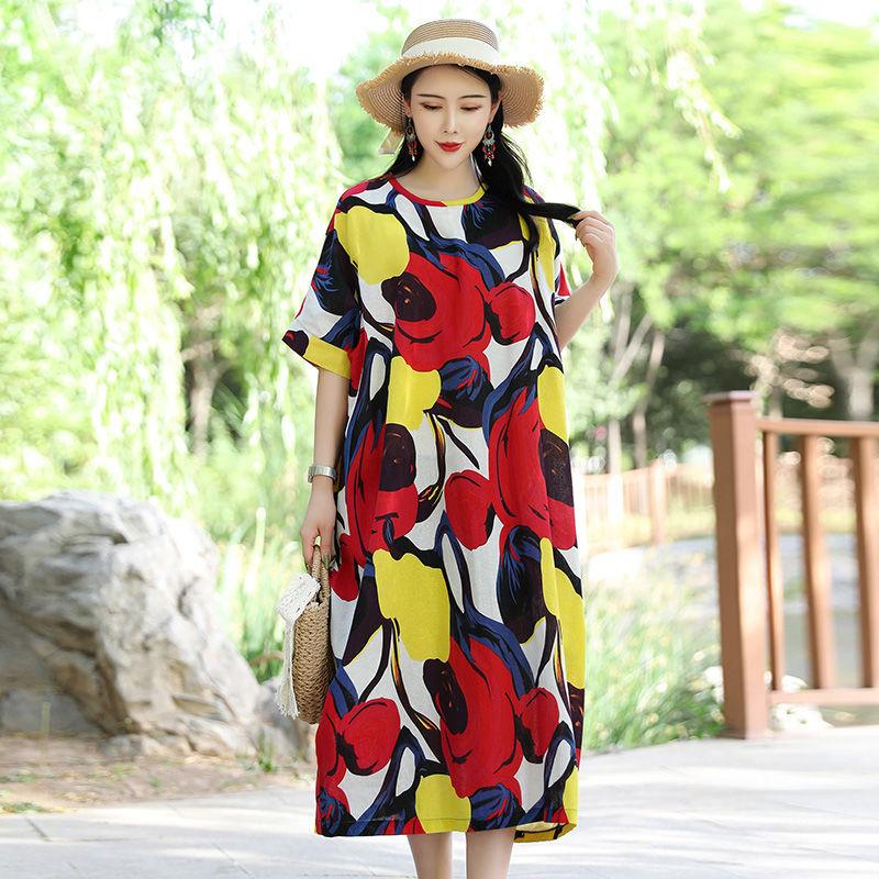 Blumendruck Kleid Damen Sommer Casual O-Ausschnitt Kurzarm Langes Kleid Böhmisches Strand Sommerkleid Vestidos