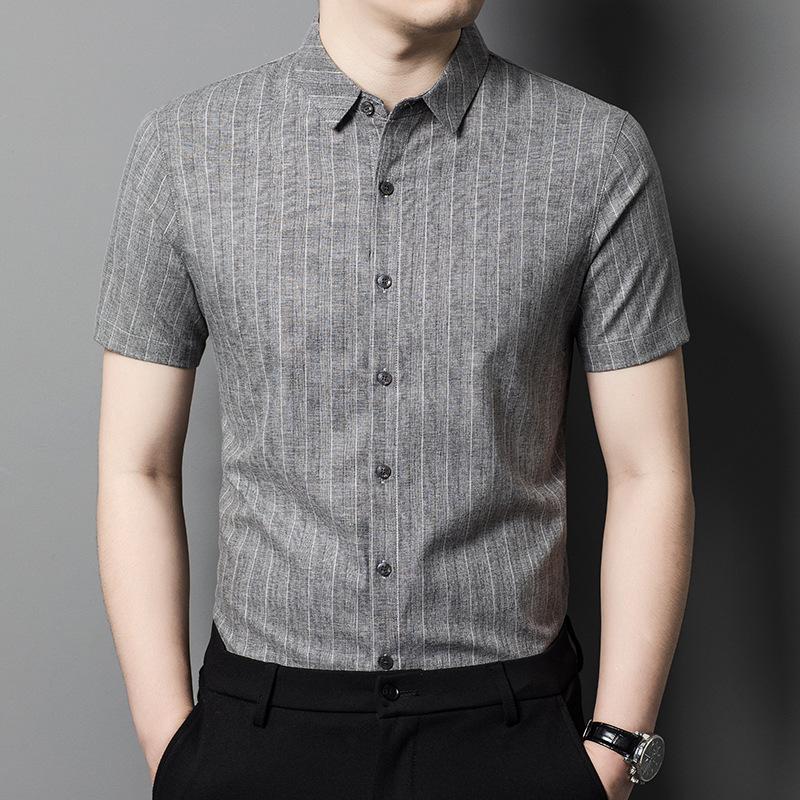 

Простая льняная мужская рубашка с короткими рукавами, летняя новинка, деловая повседневная рубашка поло среднего возраста, мужская рубашка в тонкую полоску 3XL