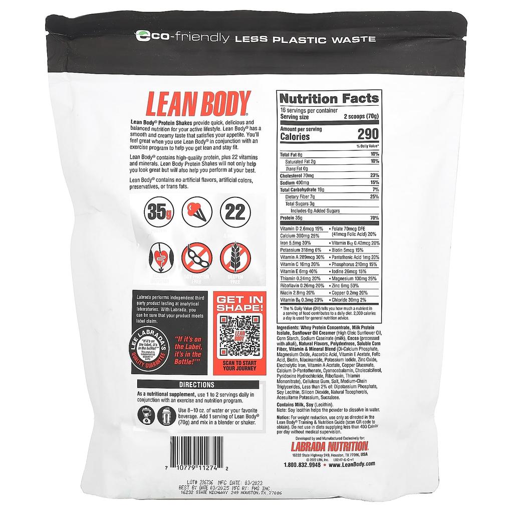 Lean Body, Protein Shake Drink Mix, Chocolate, 1,120G(2.47Lb)