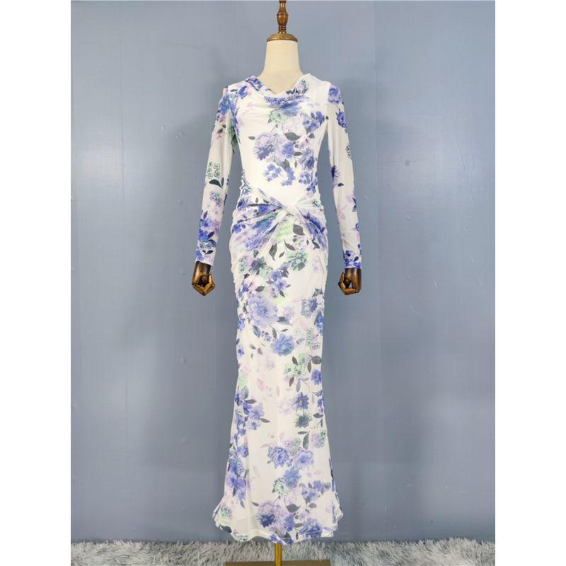 Export Single French Fashion Sexy Sexy Swing Collar Unique Exquisite Printed Mesh New Chinese Style Silm Dress Female