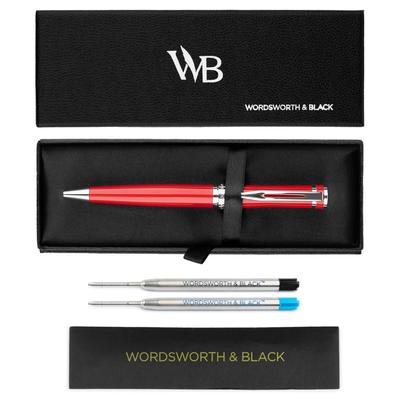 Wordsworth Black Ballpoint Pen In Red Lacquer Stunning Luxury Chrome Finish with Refillable A Perfect Gift Set for Men and & - Ink. Women. Refillable,
