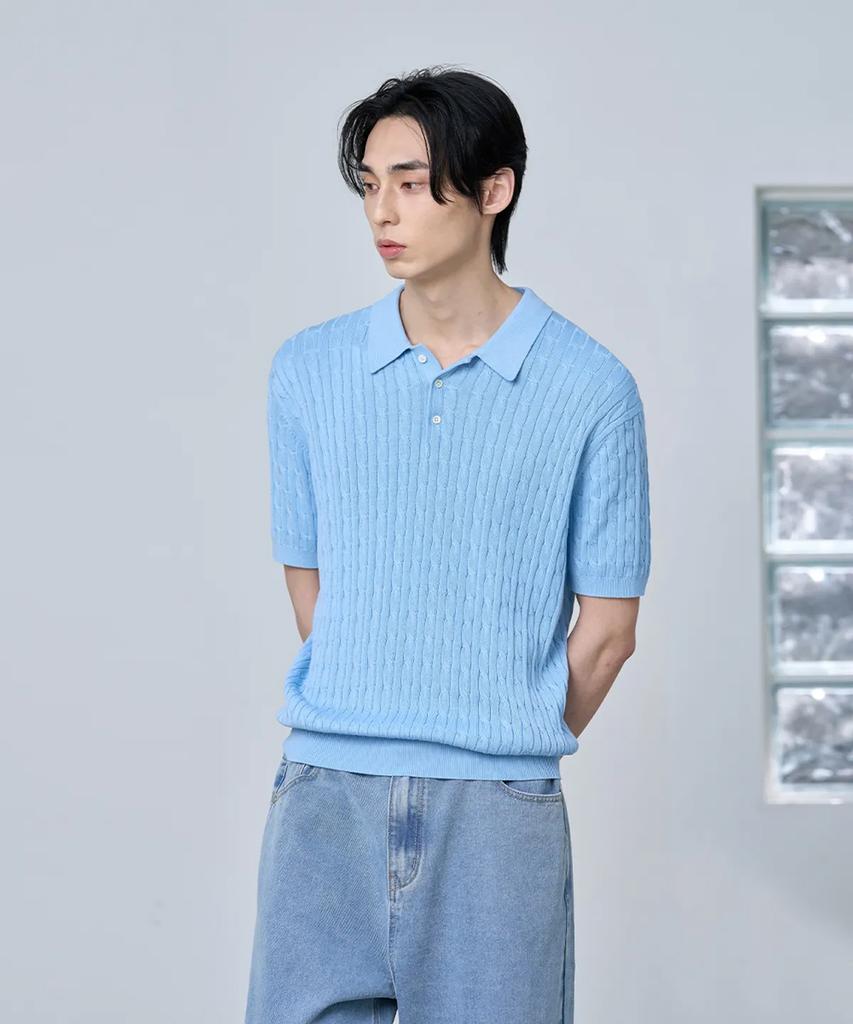 AGOD Cotton Modal Washable Button Collar Cable Half Knit [Sky Blue]