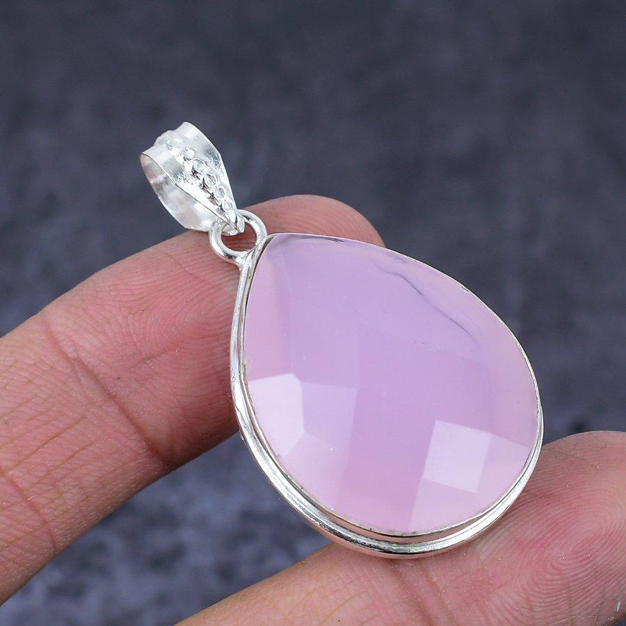 Natural Pink Chalcedony Gemstone Handmade 925 Sterling Silver Pendant 1.85" y6S91