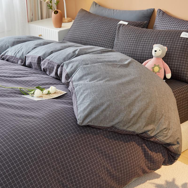 Unbedrucktes, vierteiliges, dreiteiliges, gewaschenes Bettbezug-Bettwäscheset im japanischen Stil mit kariertem Bettbezug