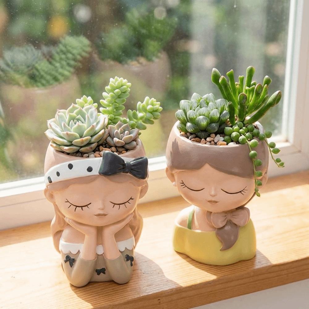 Cartoon Girl Face Planter Pot Resin Bonsai Vase Gardening Supplies Succulent Planter Pot  Cafe