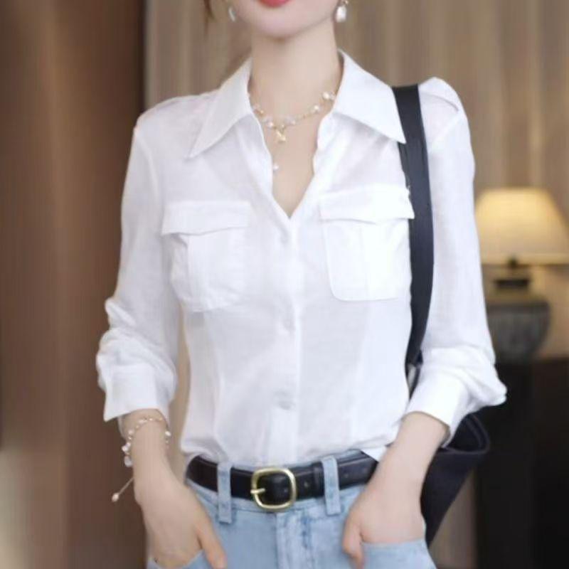 Plus Size Elegant Long Sleeve Shirt for Women - Slimming Chic, 2025 Autumn Fashion L