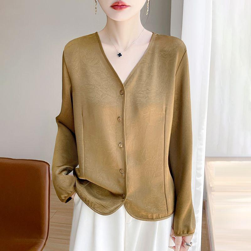 Women's Luxury Satin Blouse Long Sleeve Loose V-Neck Shirt Spring and Summer