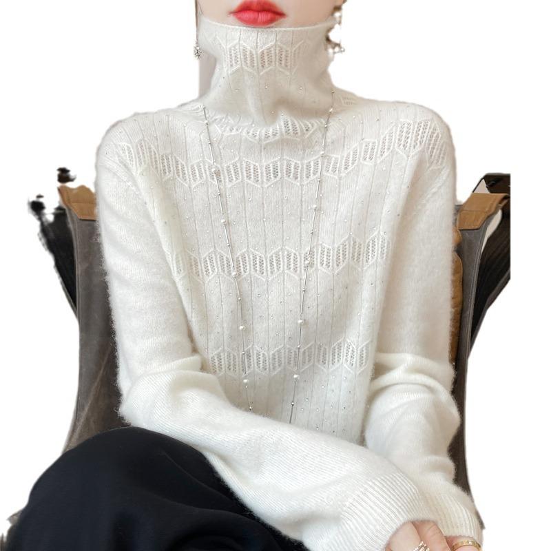 Women's Pure Wool Rhinestone Embellished Knit Top, Stacked Collar, Long Sleeve, Hollow Design for Autumn/Winter