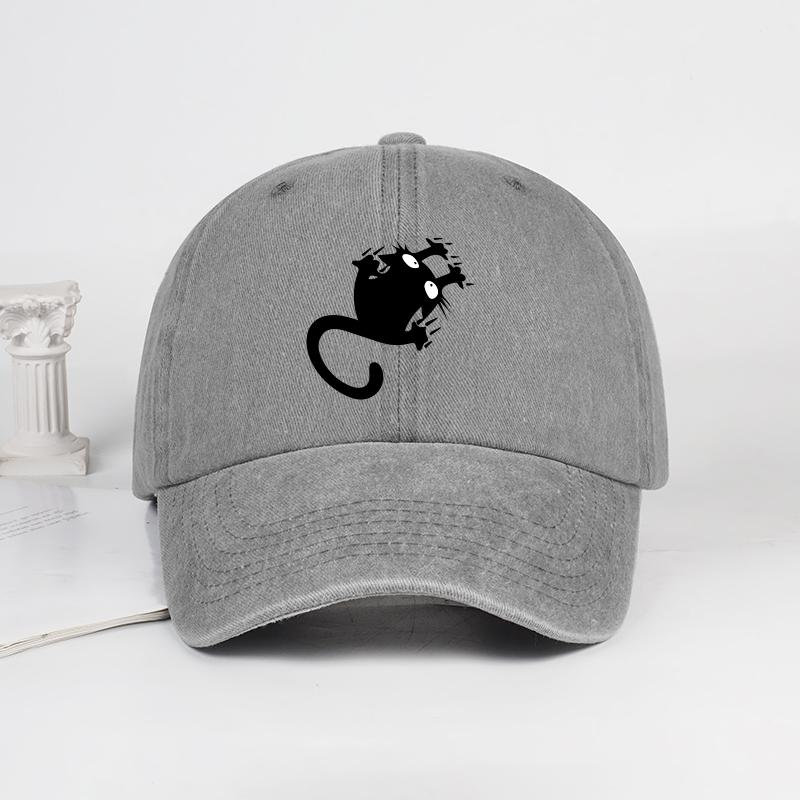 Funny Black Cat Print Washed Baseball Cap Soft, Comfortable, Lightweight, Breathable, Adjustable Cute, Playful, Trendy, Fashiona
