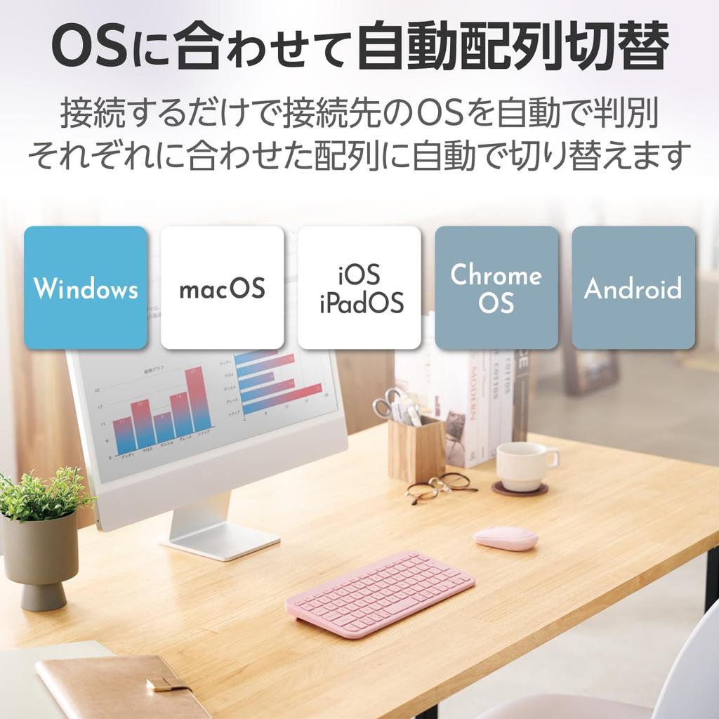 ELECOM Wireless Bluetooth Keyboard, Slint, Slim, Pantograph, Multi-Pairing with 3 Devices, Automatic OS Identification,