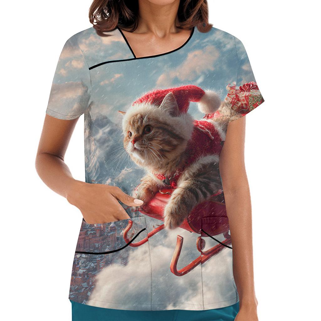 Women's Printed Work Clothes, Sloping Collar And Double Layer Pockets, Basic Top Pullover