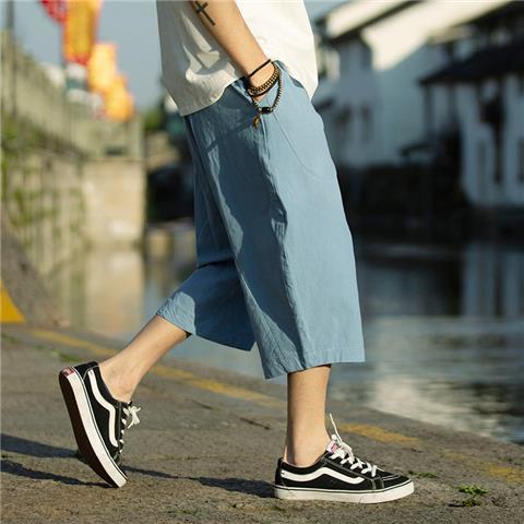 Summer Thin Cotton Linen Men's Loose Fit Seven-Foot Pants Wide Leg Casual Shorts Comfortable Breathable Lightweight Trousers