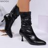 Pointed Toe Vintage High Heel Fashion Boots 2026 Winter Plush Pleated Short Boots for Women Warm Botines Brown Zapatos De Mujer